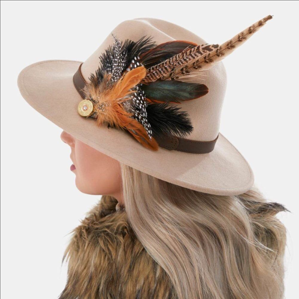 Mary Beige Fedora Hat with Feathers - Grace and Dotty